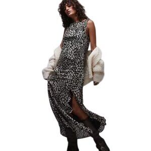 Topshop Women's Dress High Neck Sheer Frill Raw Edge Animal Print Size 14 Midi